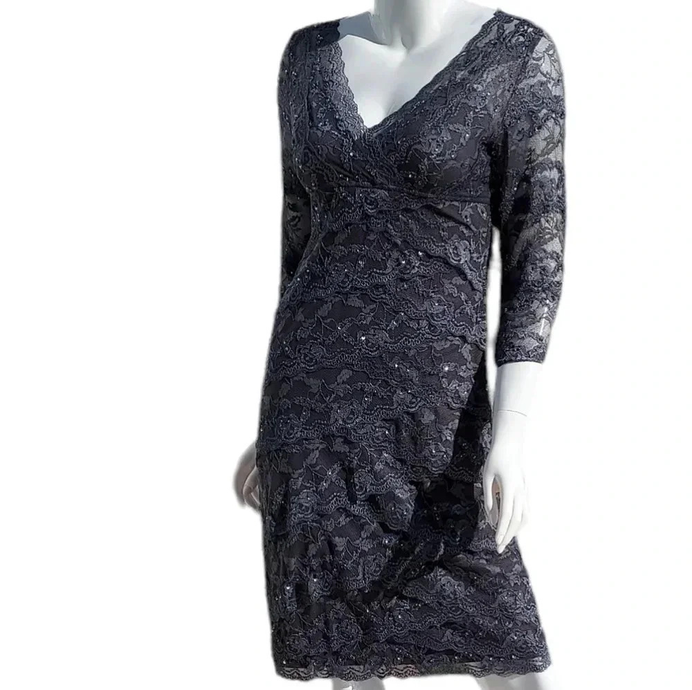 Cache' Gray Sequin Lace Layered V-Neck Sheath Lined Cocktail Dress, Size 8